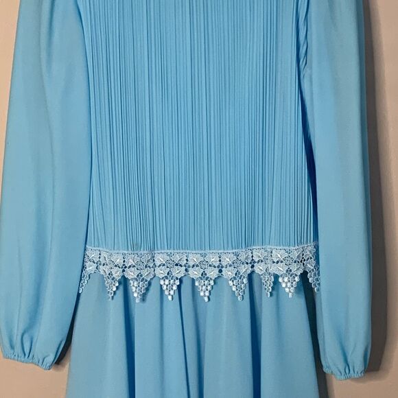 Vtg 80s Blue Midi Dress S-M Blouson White Lace 70s Mother of Bride Boston Maid - Picture 4 of 12